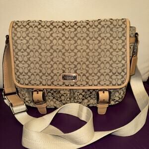Coach Signature Jacquard Logo Messenger Flap Bag in brown and tan